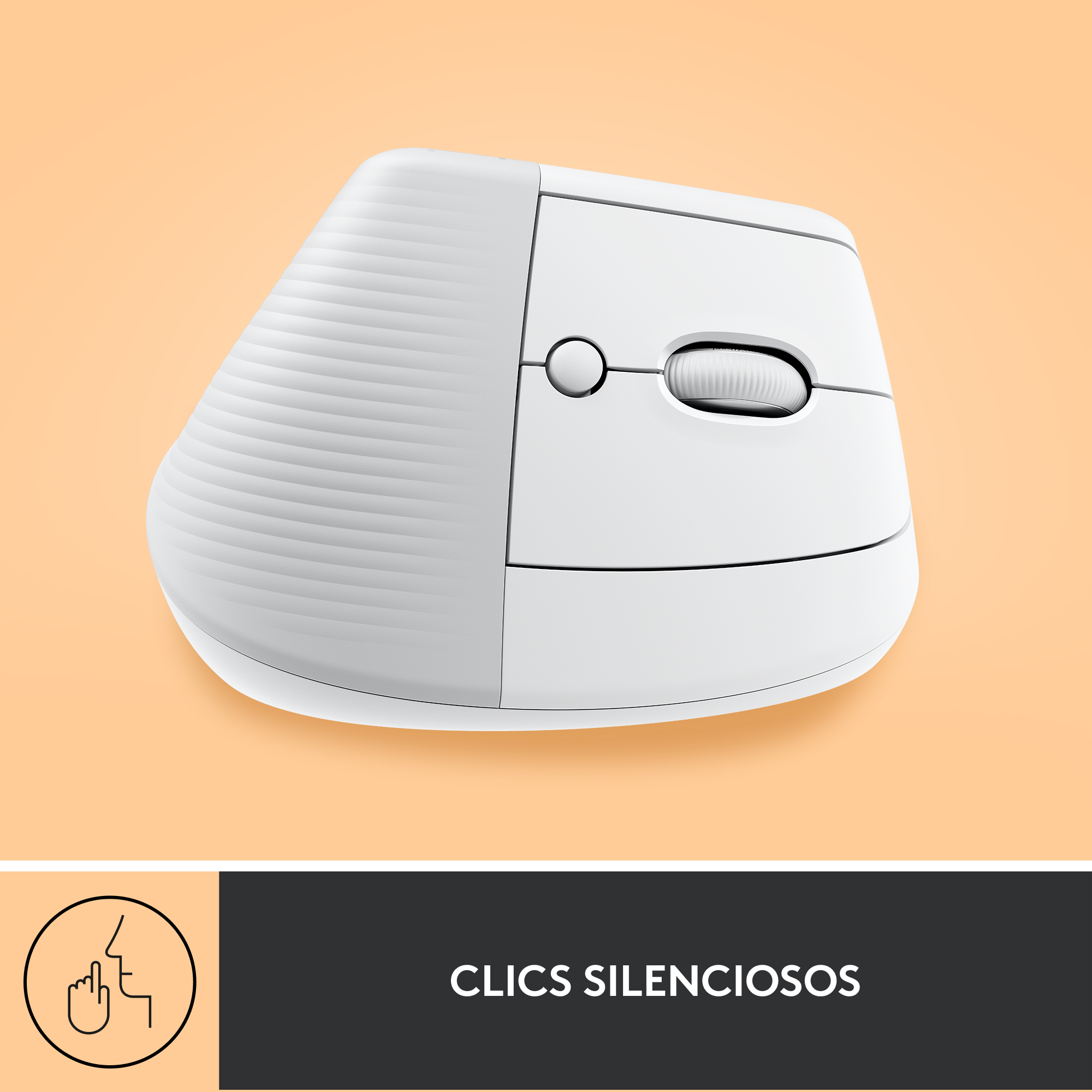 Ratón ergonómico blanco con rueda de desplazamiento y botón. El fondo es naranja.