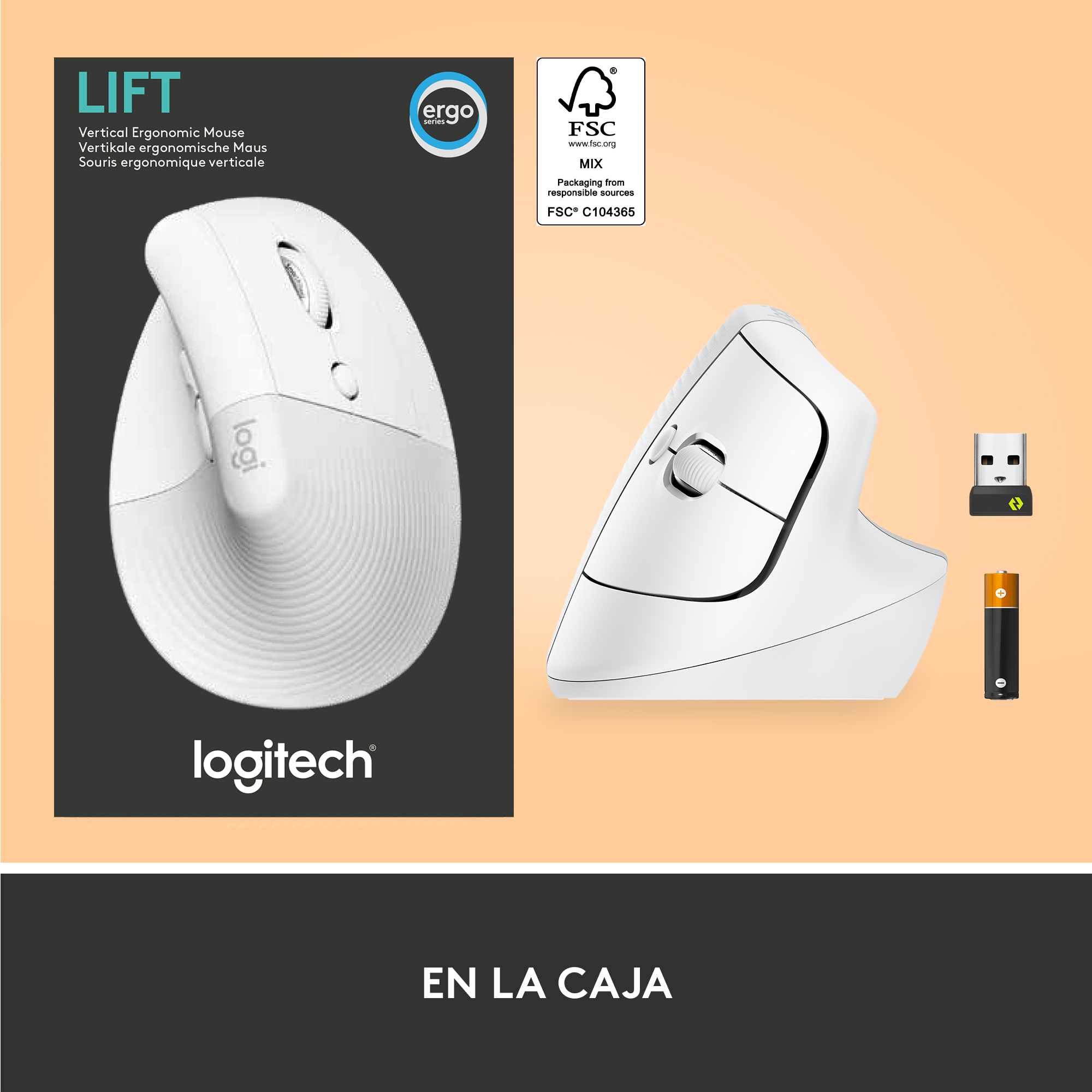 Ratón ergonómico blanco con caja. Receptor USB y batería blancos y negros.