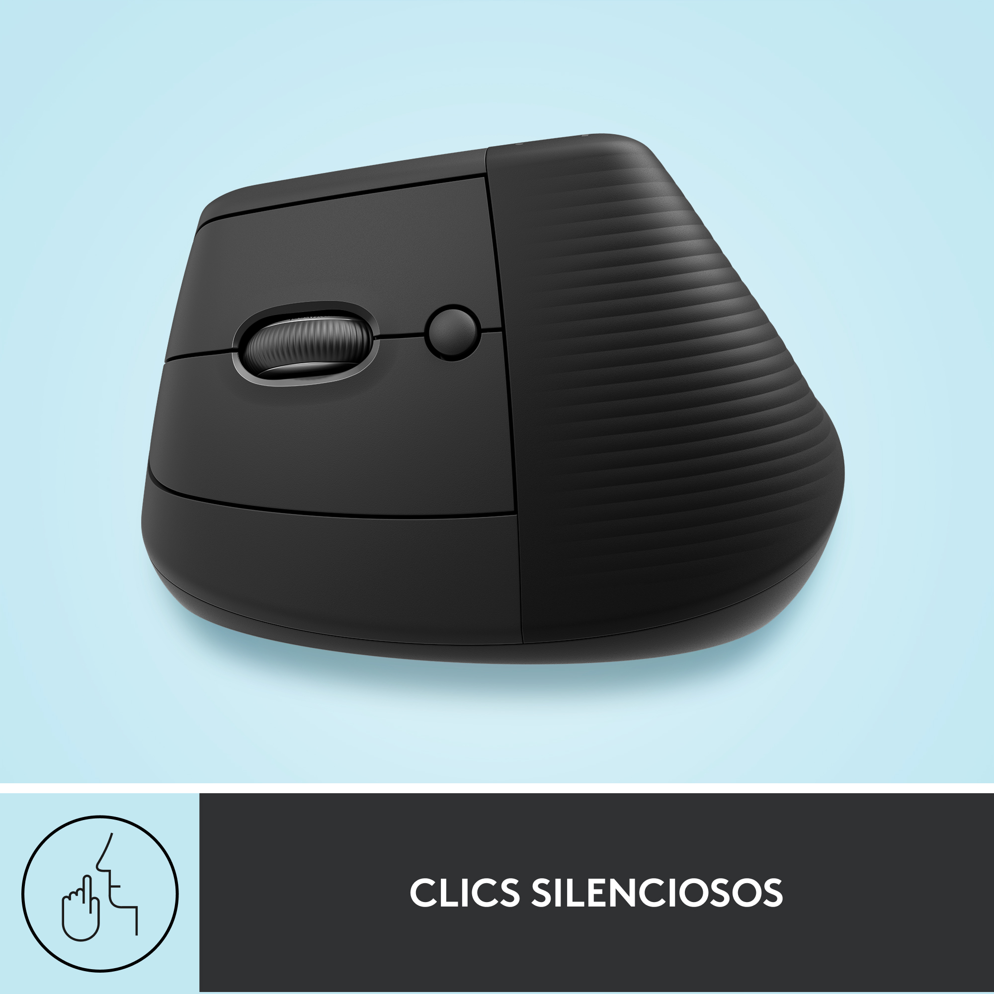 Ratón ergonómico negro con rueda y botón sobre fondo azul claro. Texto 'CLICS SILENCIOSOS' abajo.