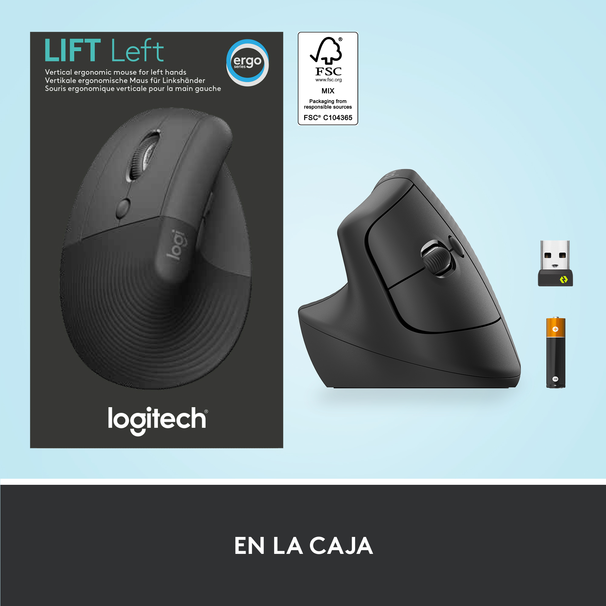Un ratón ergonómico vertical para zurdos, presentado con embalaje y un receptor USB.