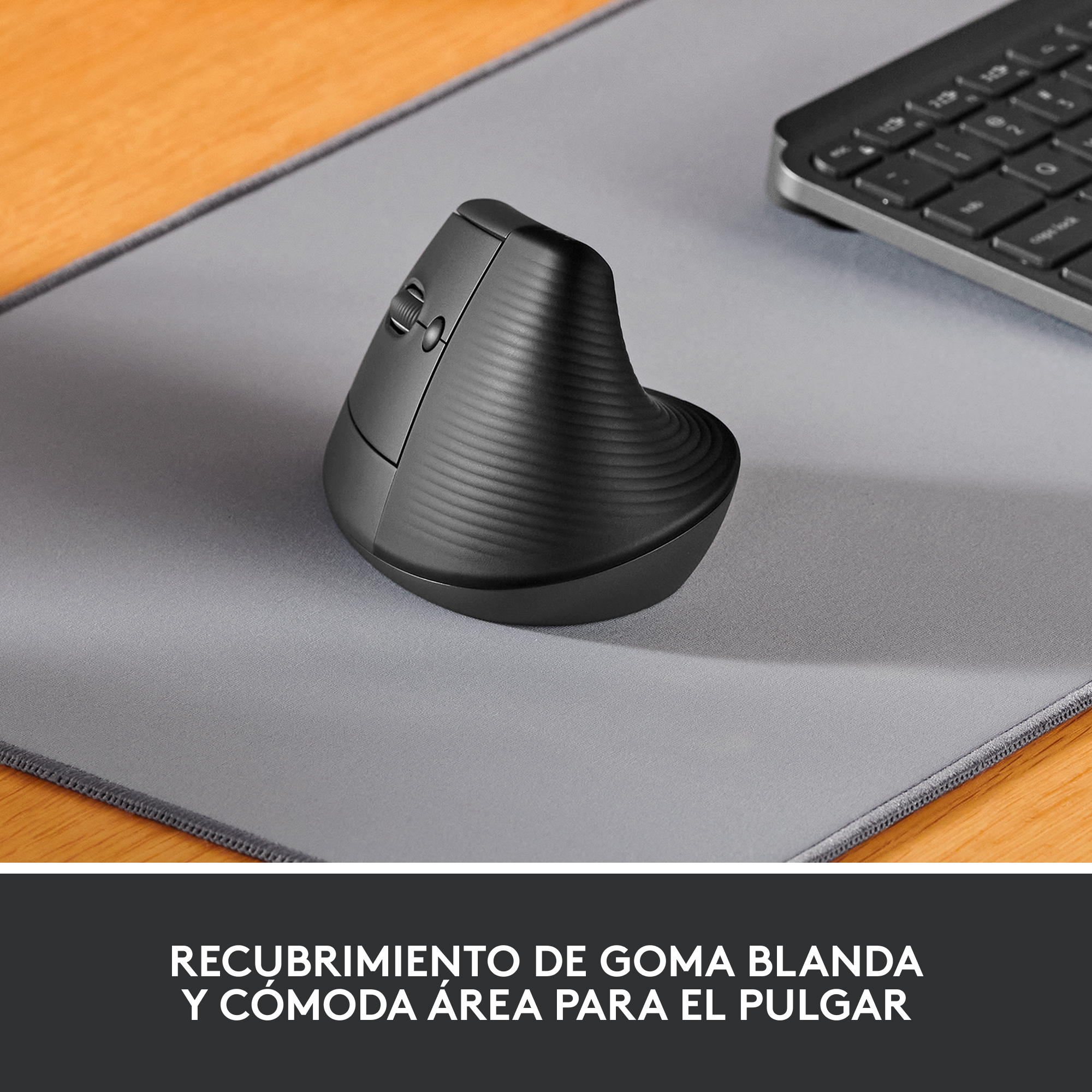 Ratón ergonómico negro sobre una alfombrilla gris, con texto debajo.