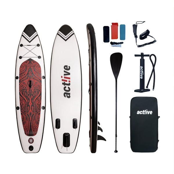 Stand up paddleboard és tartozékok. Evező, pumpa, táska, póráz. Fehér deszka piros dizájnnal.