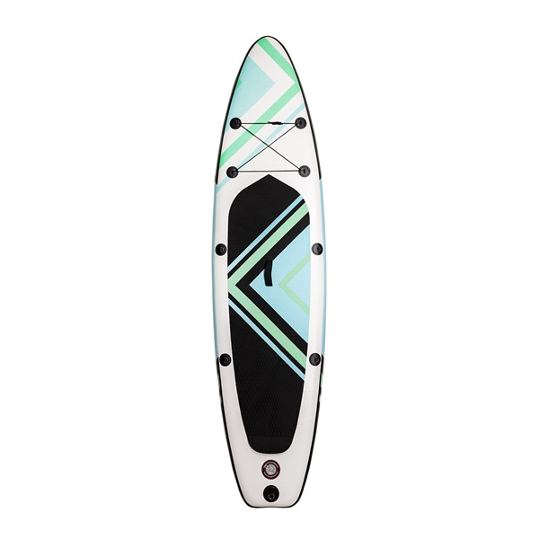 Felülnézet egy fehér és fekete stand-up paddleboardról.