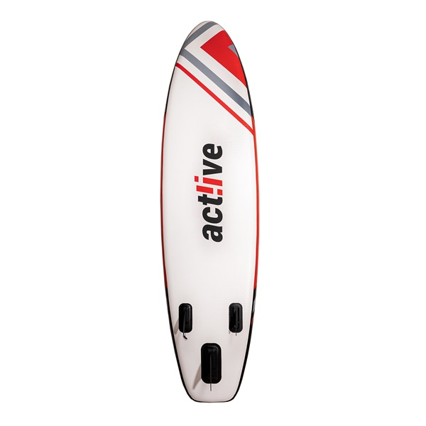 Egy fehér és piros stand up paddle board (SUP) fekete uszonyokkal. Az act!live szó látható.