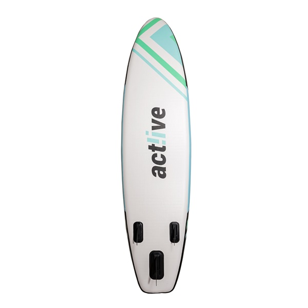 Egy fehér stand up paddleboard zöld és kék csíkokkal és az 'actlive' szóval.