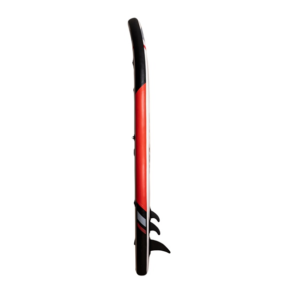 Piros-fekete stand-up paddleboard, oldalról nézve. Uszonyokkal és fekete, ívelt tetővel rendelkezik.