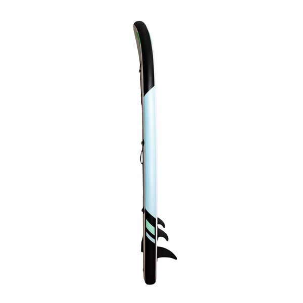 Stand-up paddleboard, kék és fekete, oldalról nézve, látható uszonyokkal.