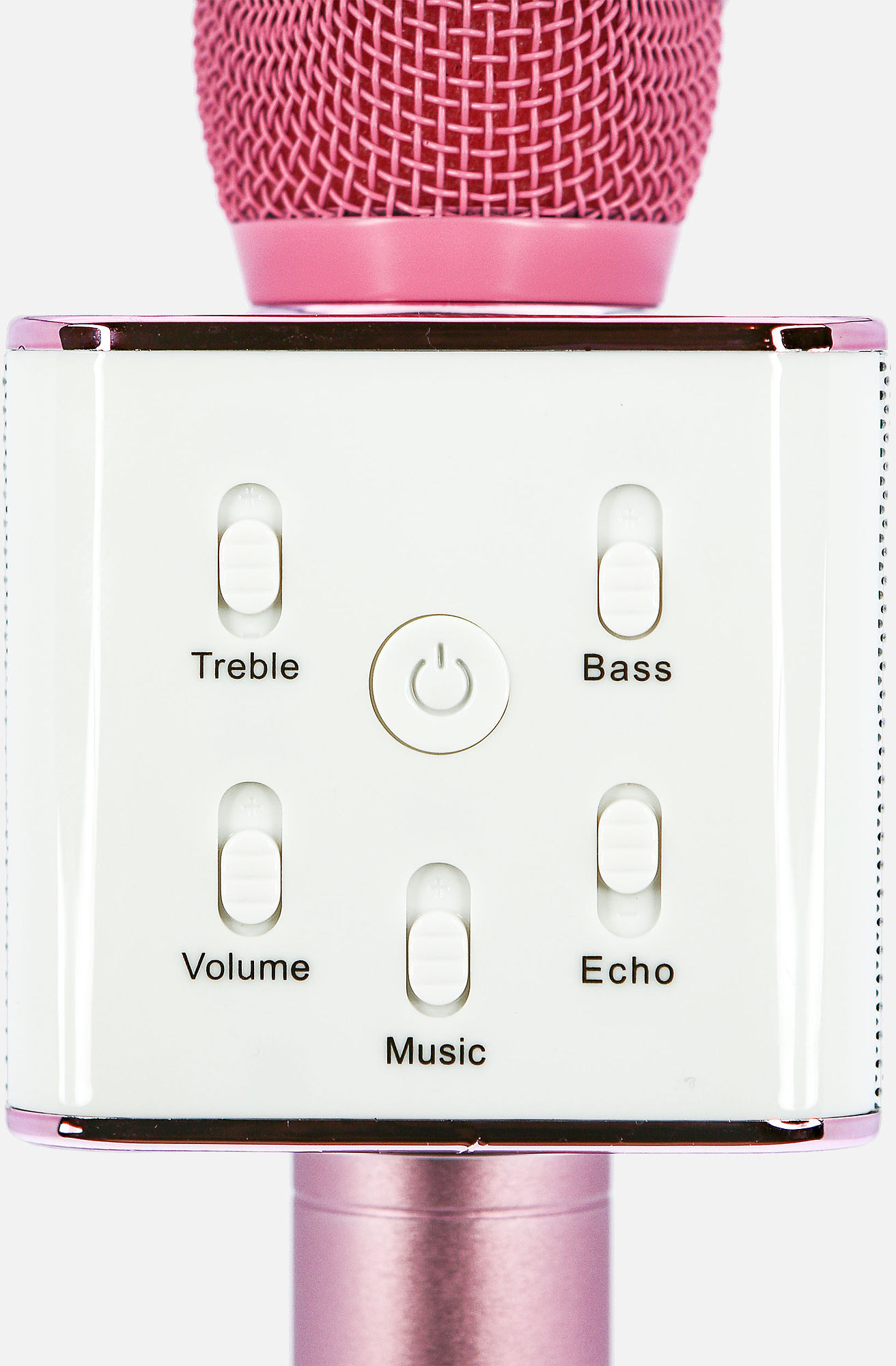 Un microphone de karaoké blanc et rose avec des commandes de volume, d'écho et de musique.