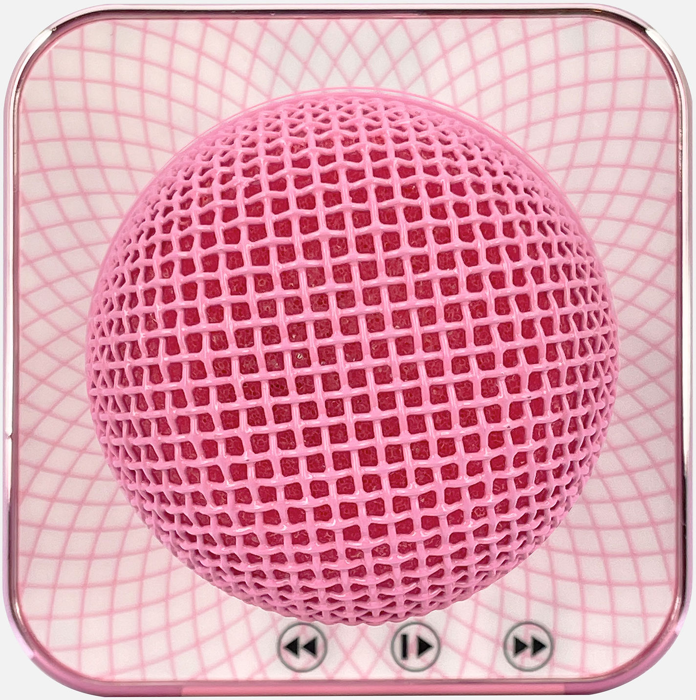 Microphone rose dans un boîtier rose avec commandes et motif quadrillé.