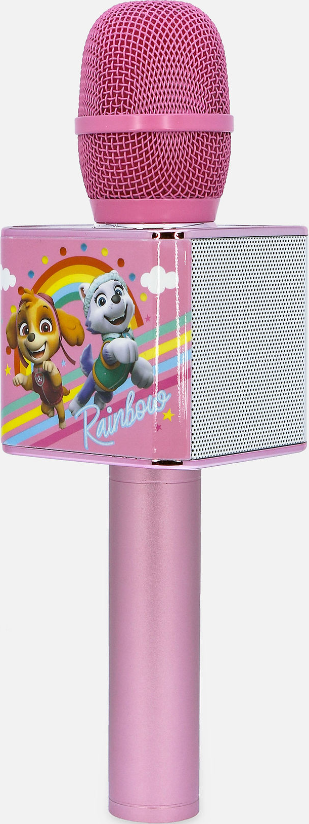 Microphone karaoké rose, personnages Pat'Patrouille devant, fond arc-en-ciel.