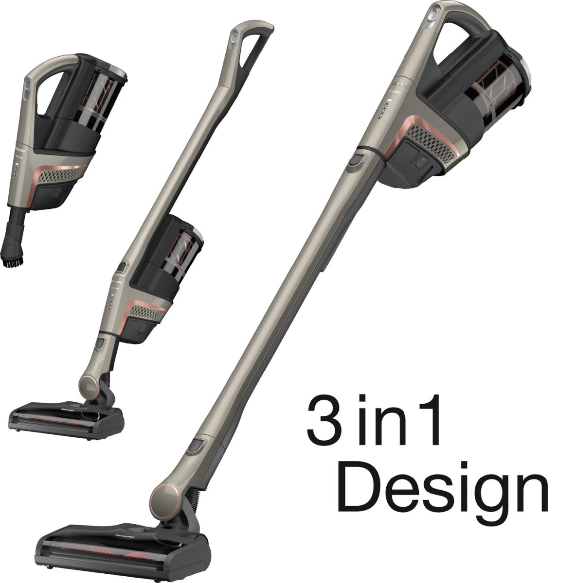 Drei graue und silberne Staubsauger mit dem Text "3 in 1 Design" daneben.