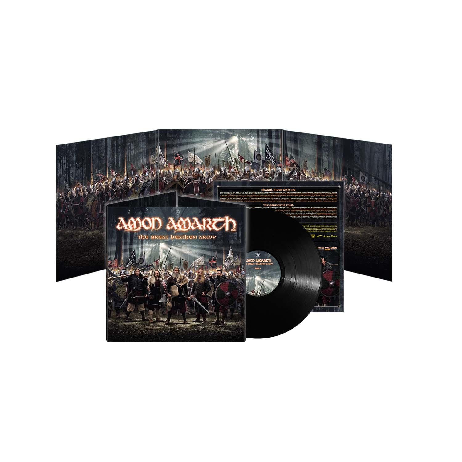 Albumcover von Amon Amarth, mit Vinyl-Schallplatte und Bandfoto.