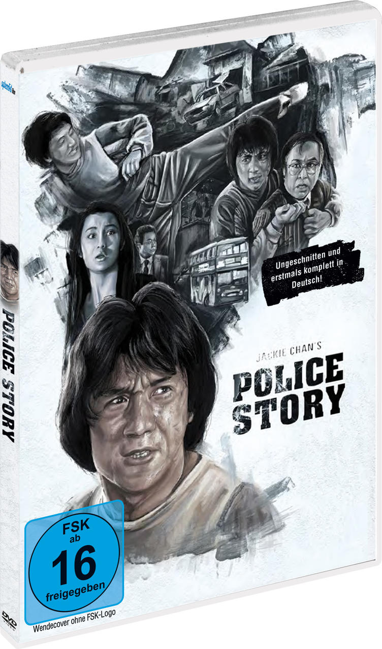 DVD-Cover des Films Police Story, Jackie Chan im Vordergrund, Actionszene.