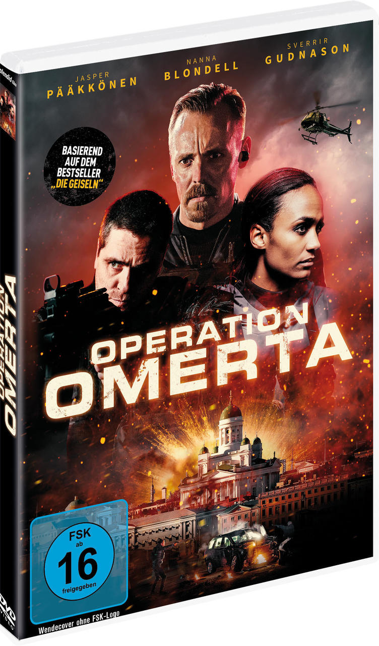 DVD-Hülle mit dem Filmtitel 'OPERATION OMERTÀ'. Drei Personen auf dem Cover mit Stadtkulisse und Hubschrauber.