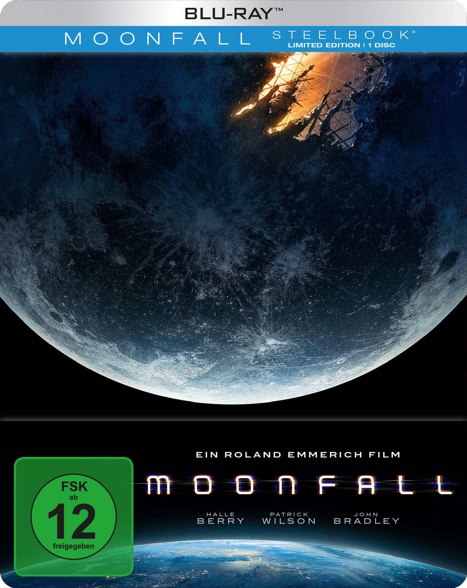 Blu-ray-Hülle für den Film Moonfall. Zeigt einen Mond mit zerbrochener Oberfläche und den Filmtitel.