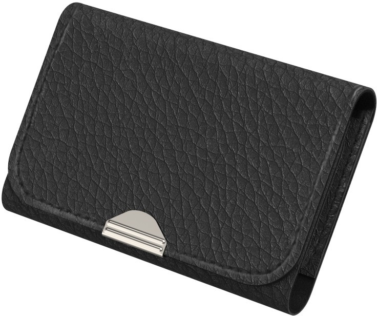 A black leather business card holder with a silver clasp, angled slightly to show the top.