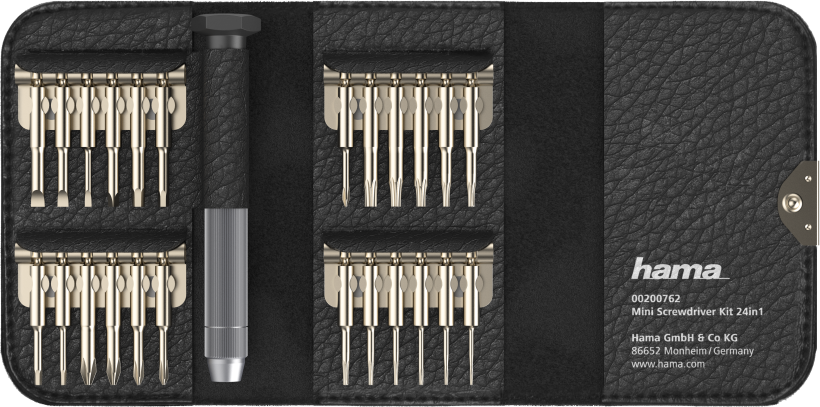 Mini screwdriver set in a black case, with various bits and a screwdriver handle.