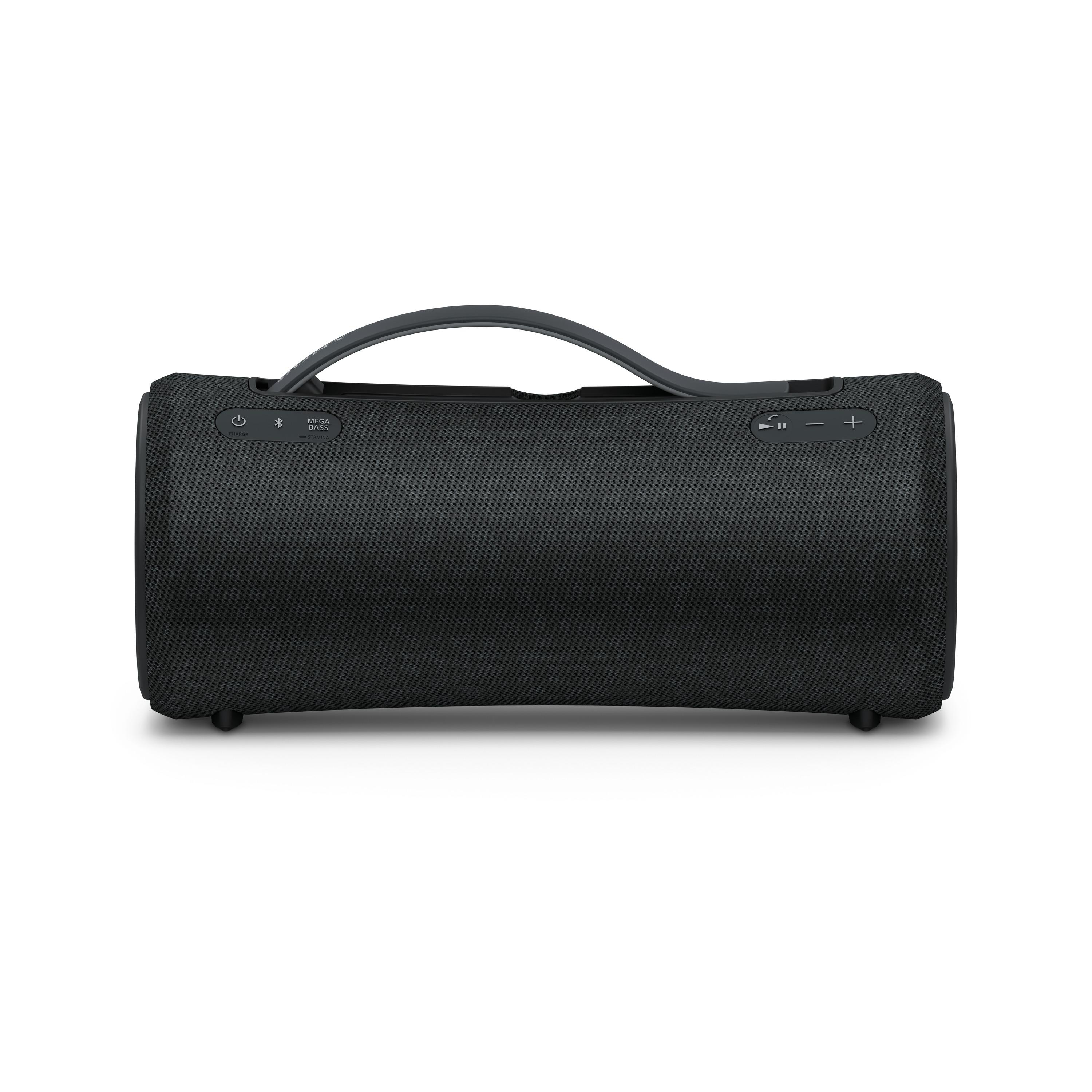 Schwarzer zylindrischer Lautsprecher mit Griff, Bedienelementen und Mesh-Textur.