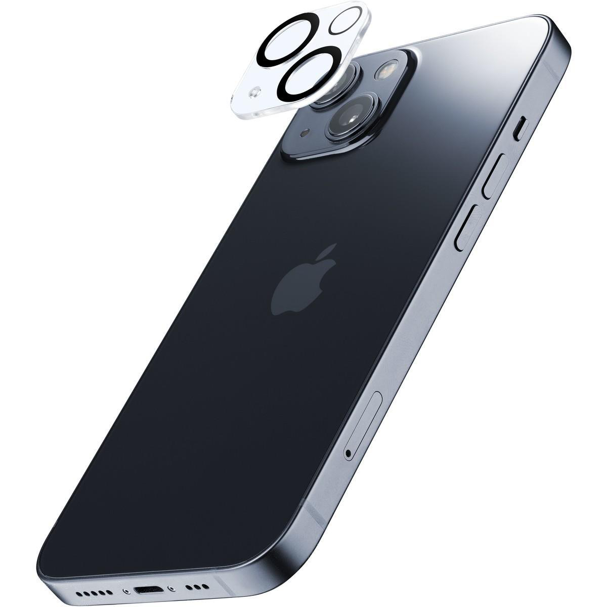 Schwarzes iPhone mit Linsenschutz, mit weißem Ring um die Linsen, auf weißem Hintergrund.