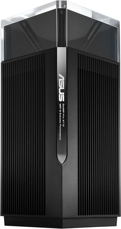 Zwarte ASUS WiFi 6-router met verticale lijnen, zilveren ASUS-logo en een doorzichtige bovenkant.