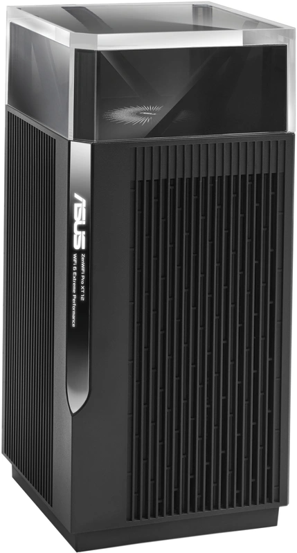 Zwarte computertoren met transparante bovenkant, verticale lijnen op de voorkant.