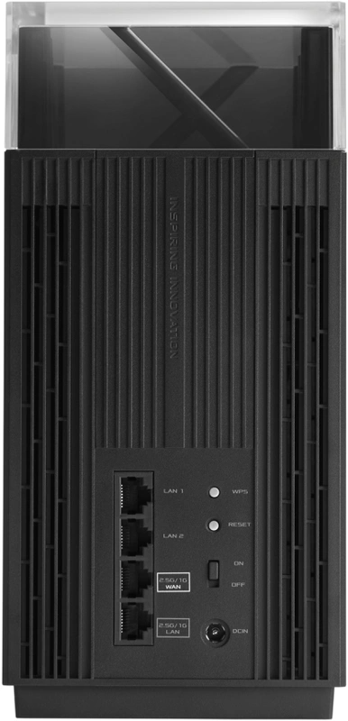 Zwarte router met ventilatieopeningen en poorten. Heeft de woorden "Inspiring Innovation" erop.
