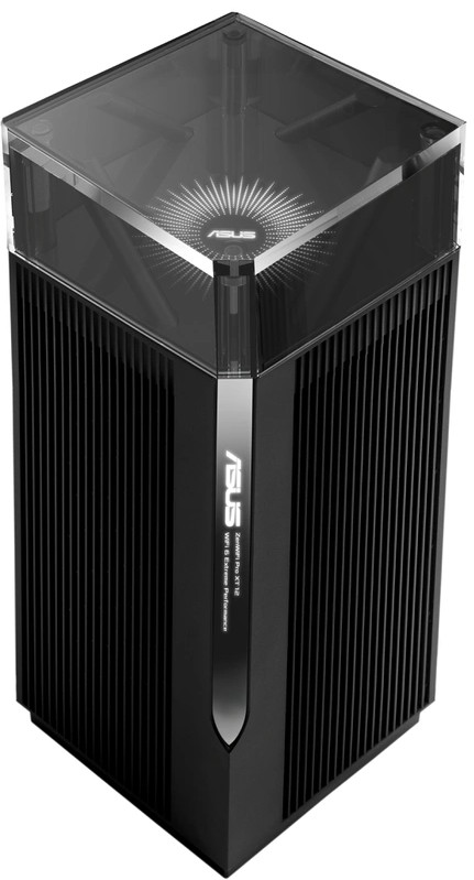 Zwarte ASUS WiFi 6E-router, met een esthetisch ontwerp en ASUS-logo. De bovenkant heeft een transparante afdekking.
