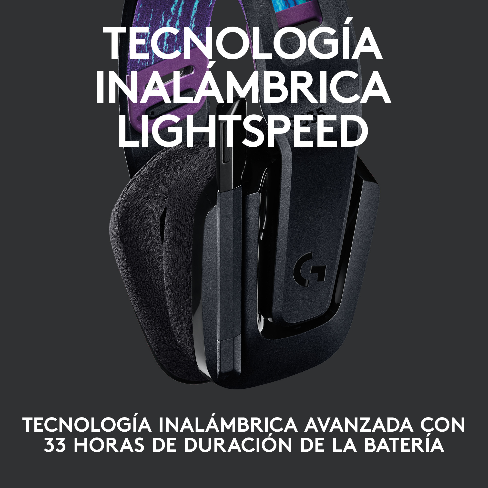 Auriculares gaming inalámbricos negros con texto en español, sobre fondo oscuro.