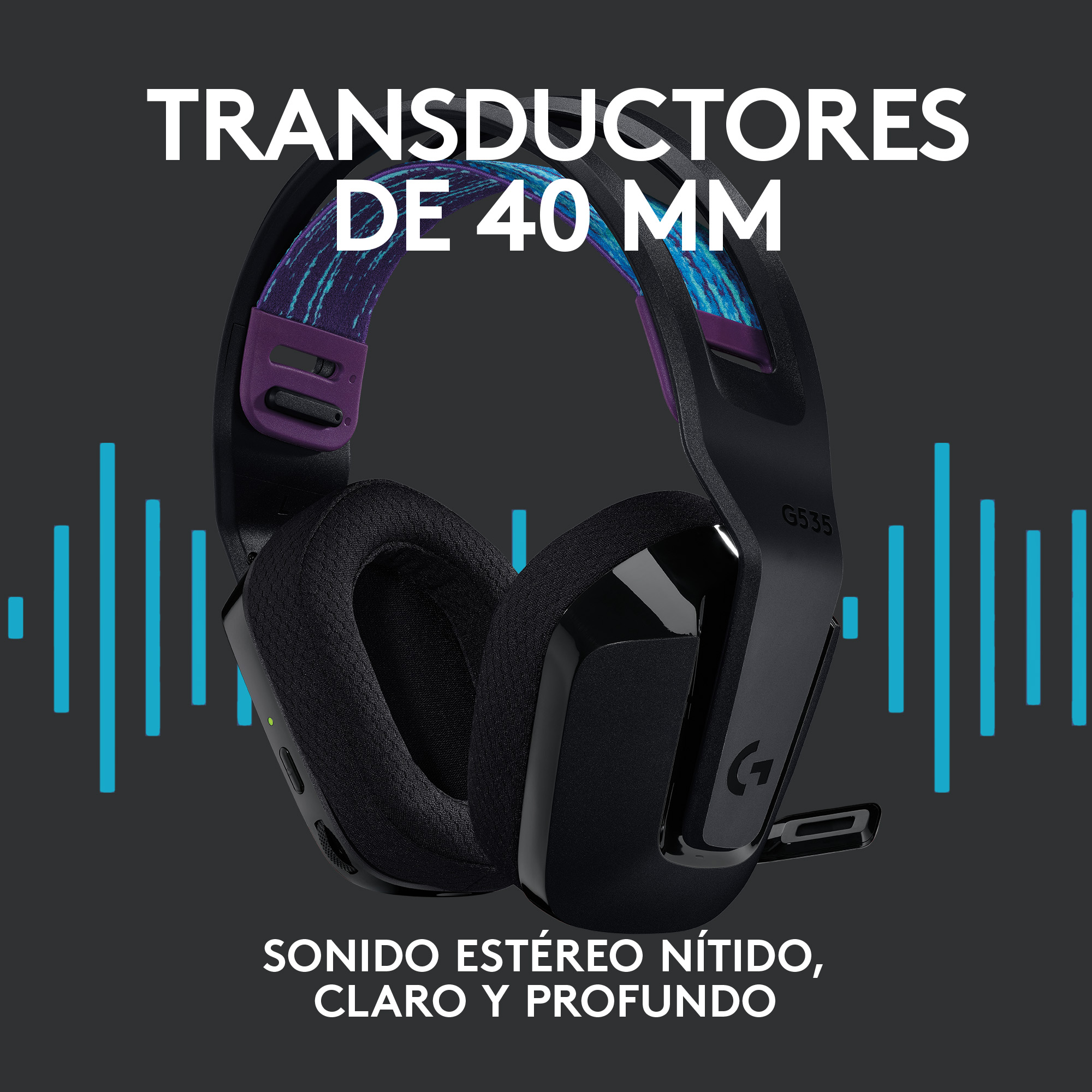 Auriculares con el texto: "TRANSDUCTORES DE 40 MM" y "SONIDO ESTÉREO NÍTIDO, CLARO Y PROFUNDO".