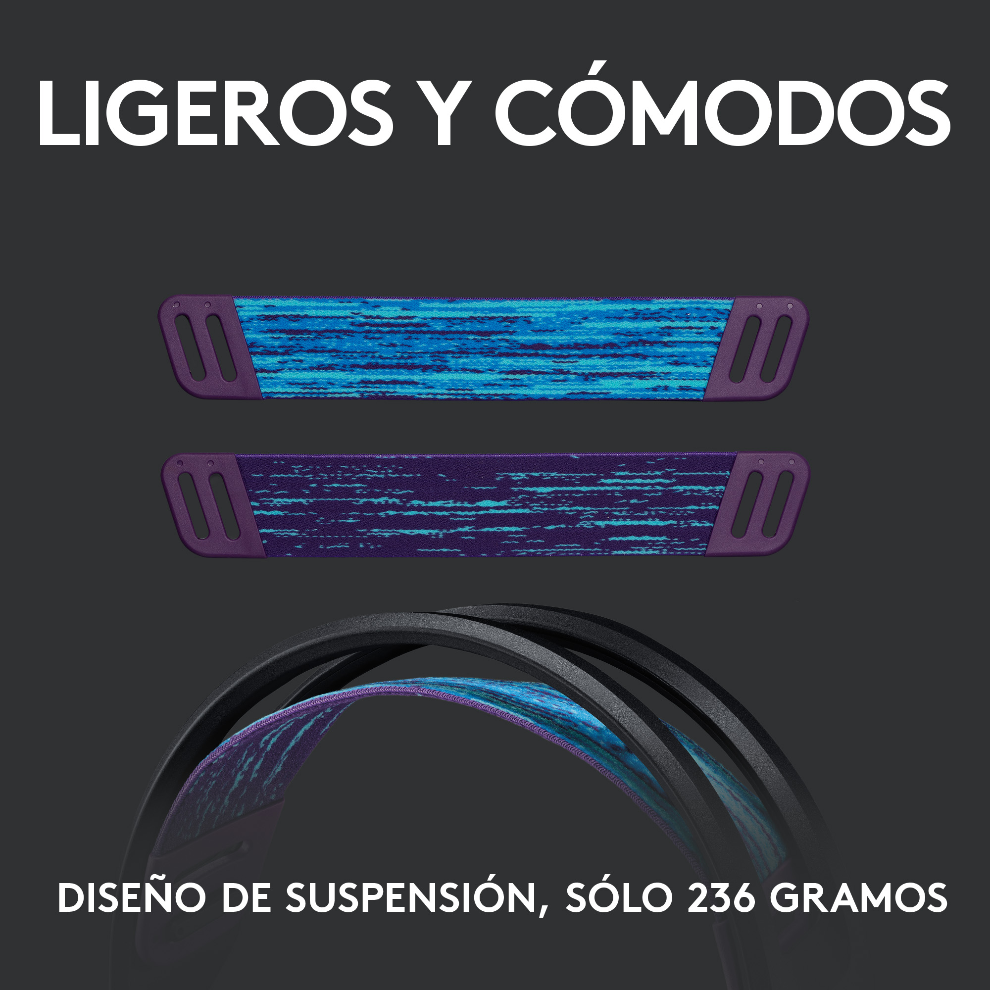 Primer plano de dos auriculares con acentos púrpuras y un cable de auriculares negro sobre un fondo degradado.