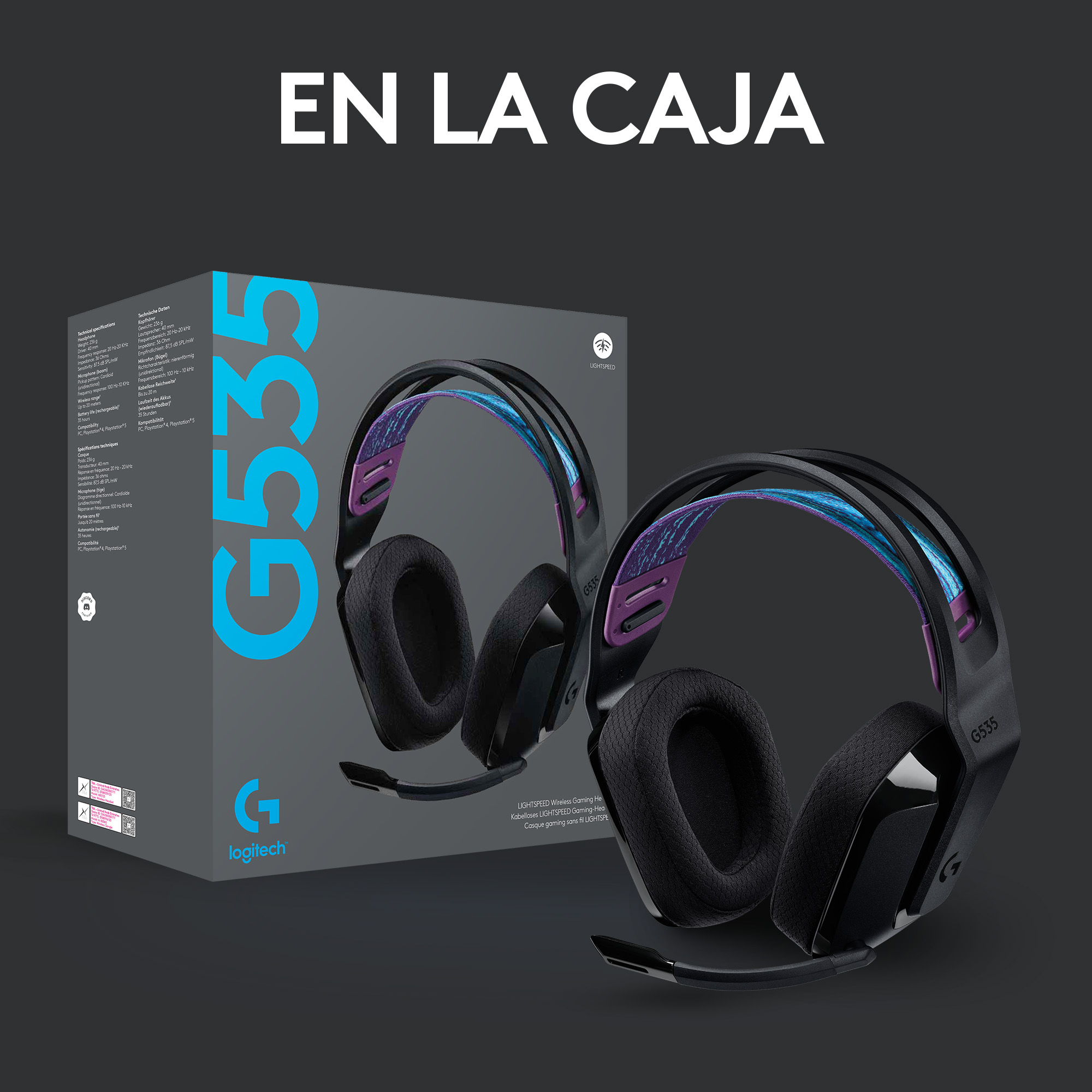 Dos auriculares gaming G535 negros con caja sobre fondo oscuro. La caja dice G535, logotipo de Logitech.