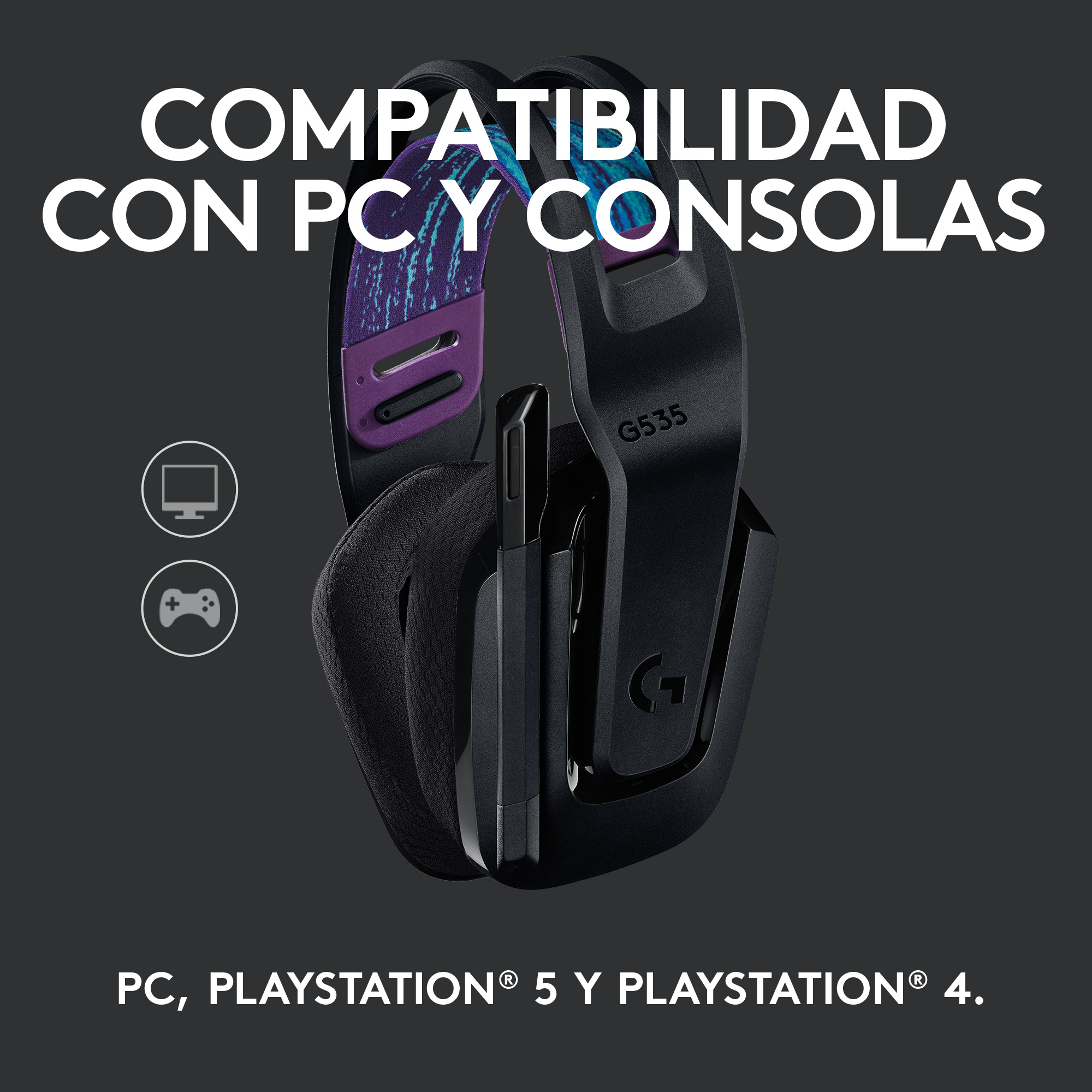 Auriculares gaming negros con micrófono. El texto dice 'G535' y 'PC, PLAYSTATION 5 & 4'.