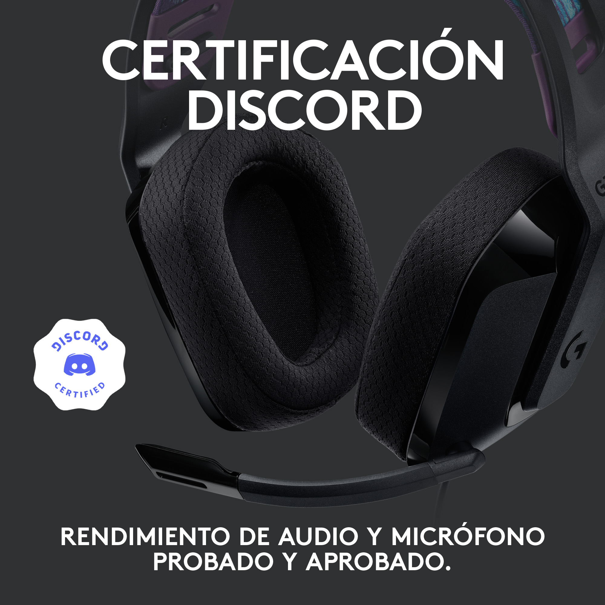 Auriculares gaming negros con micrófono, y texto promocionando audio 'Discord Certified'.