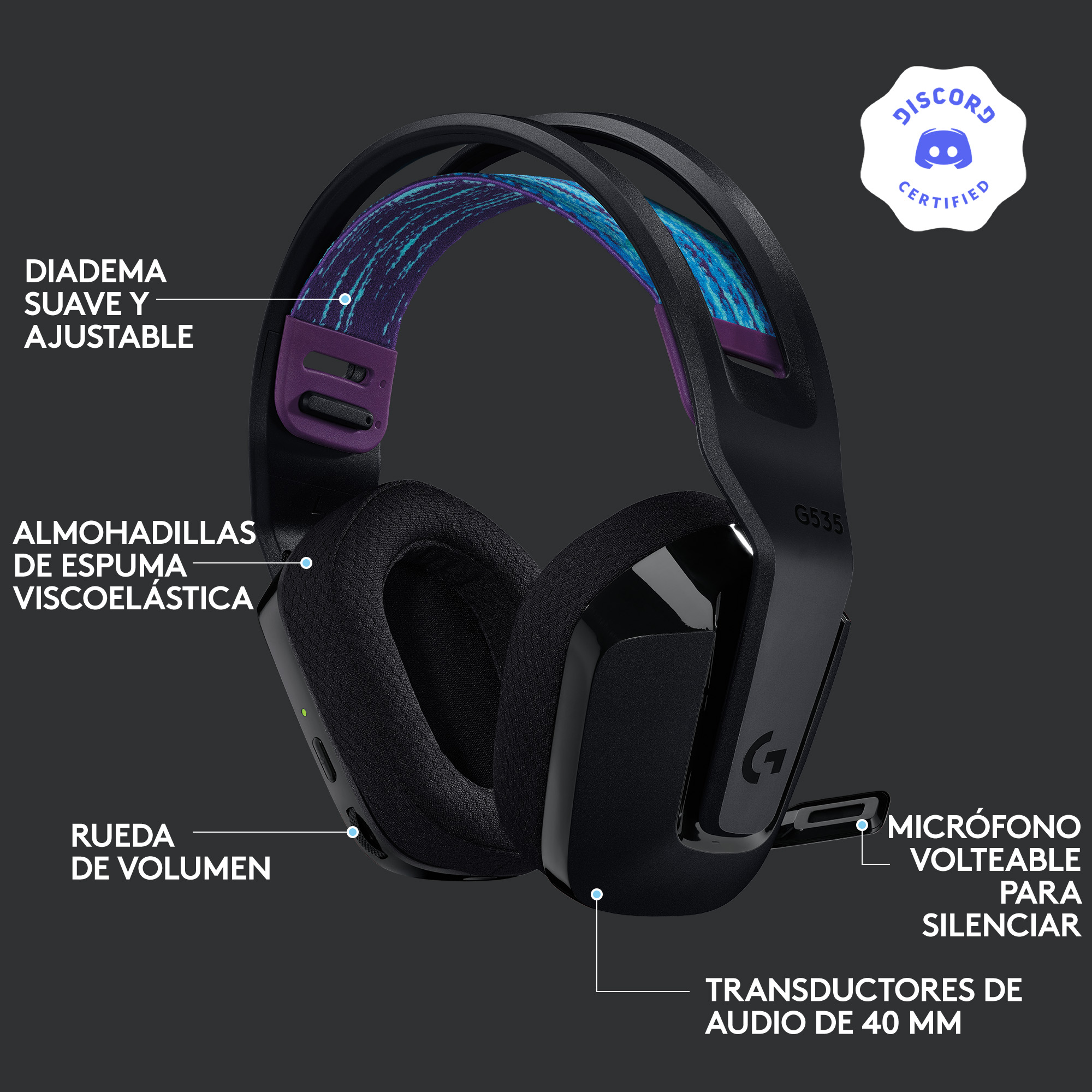 Auriculares para juegos negros con etiquetas de texto y logo Discord.
