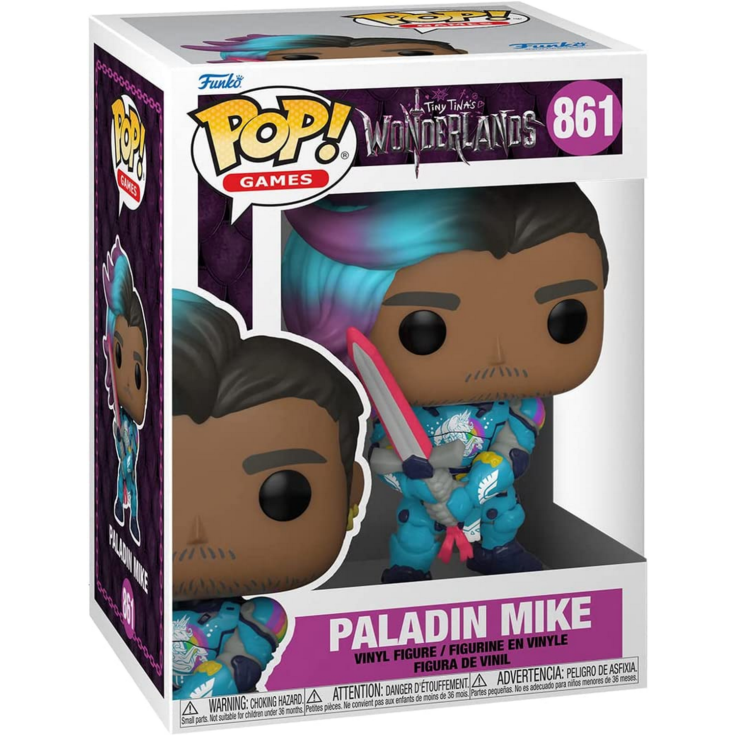 Una figura de Paladin Mike Funko Pop. La caja muestra la figura y el título del juego, Tiny Tina's Wonderlands.