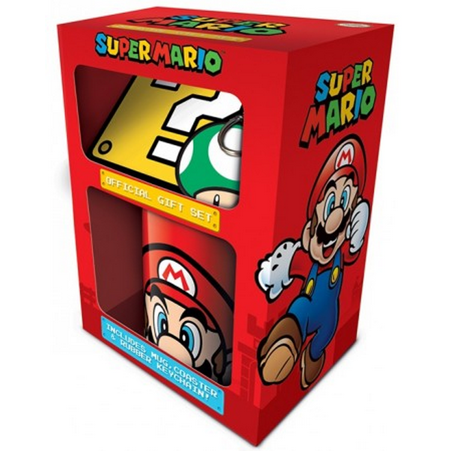 Una caja de regalo de Super Mario con una taza, un posavasos y un llavero visibles.