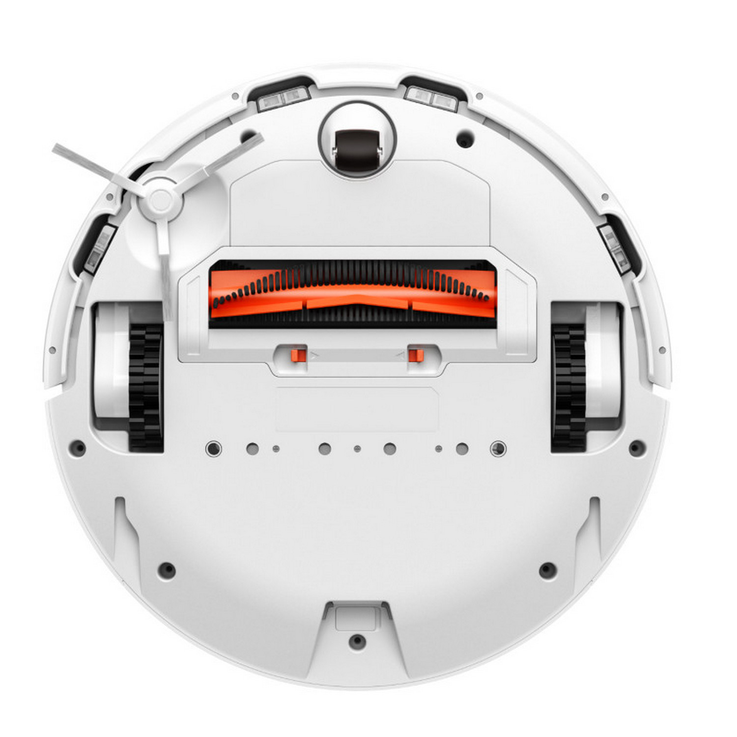 Aspiradora robot blanca, que muestra la parte inferior con cepillos.
