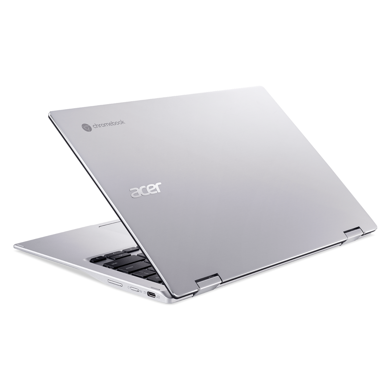 Portátil Acer Chromebook plateado, parcialmente abierto, sobre fondo negro.
