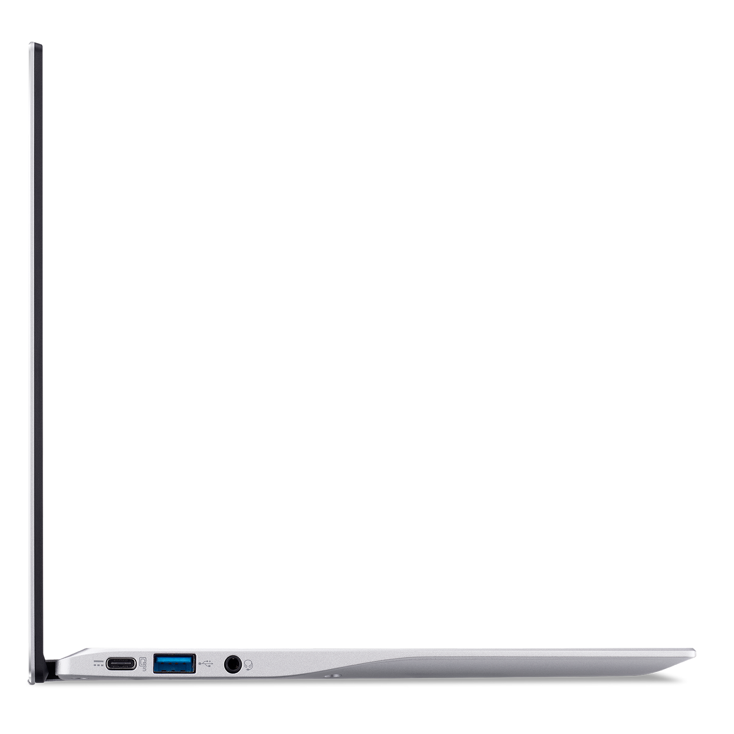 Vista lateral de un portátil plateado. Muestra puertos: USB, USB-C y conector para auriculares.