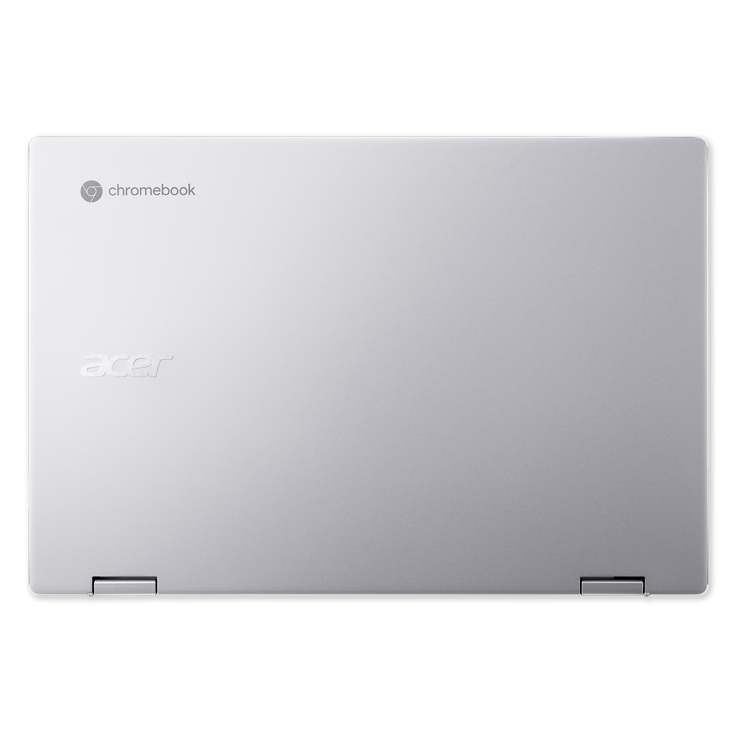 Un portátil plateado con el logo de Chromebook, abierto, con un fondo claro.