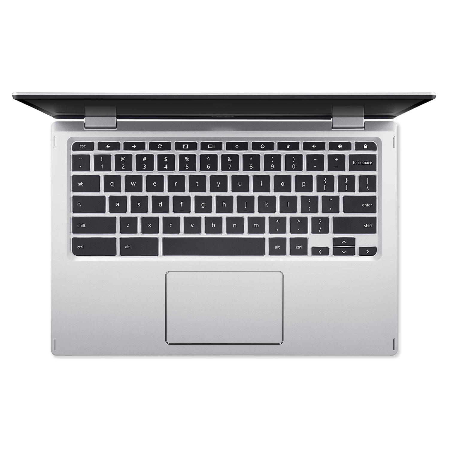 Un portátil abierto, que muestra un teclado y un trackpad sobre un fondo negro.