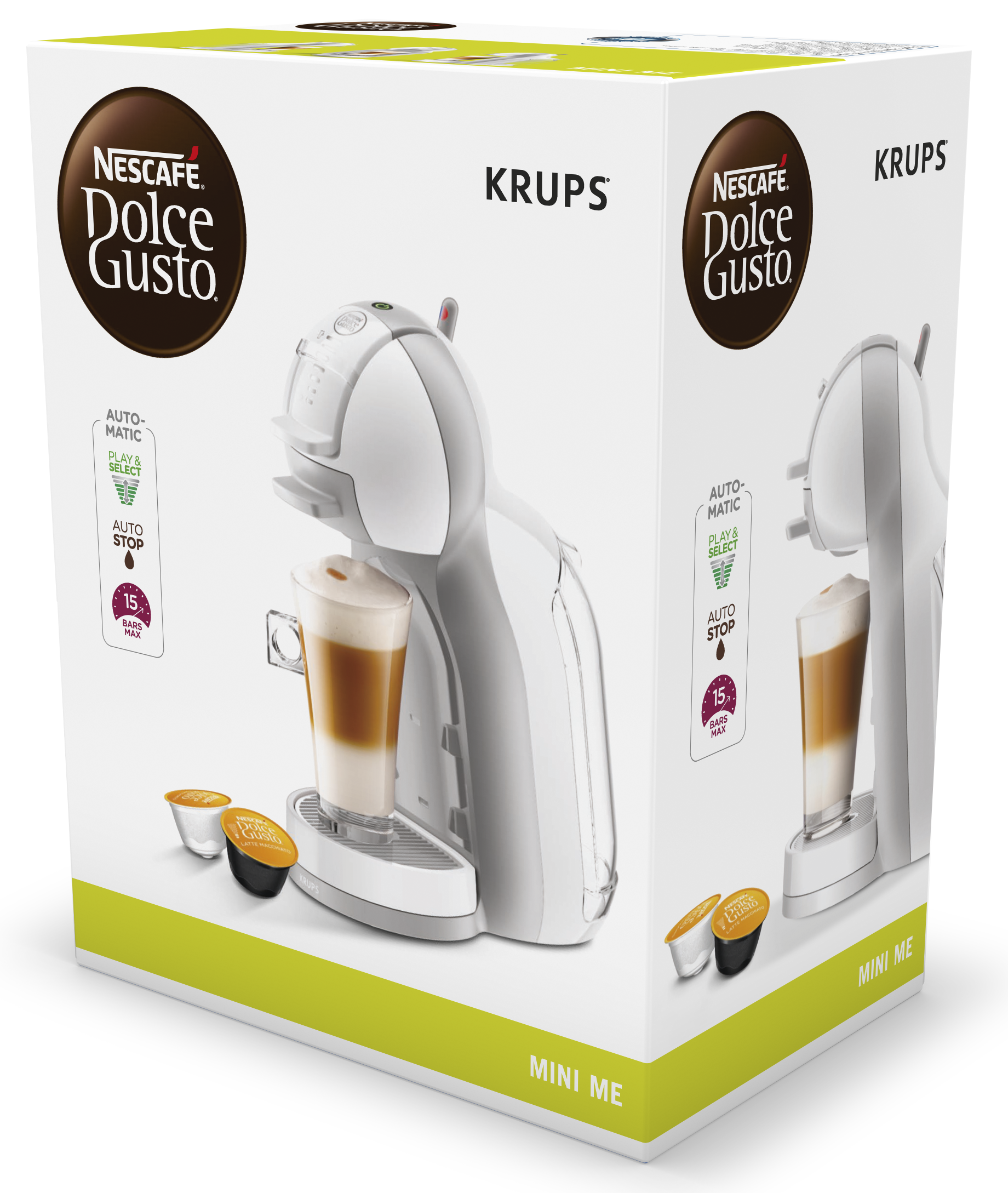 Máquina de café con una caja. La máquina es blanca y gris. Dos tazas de café son visibles.