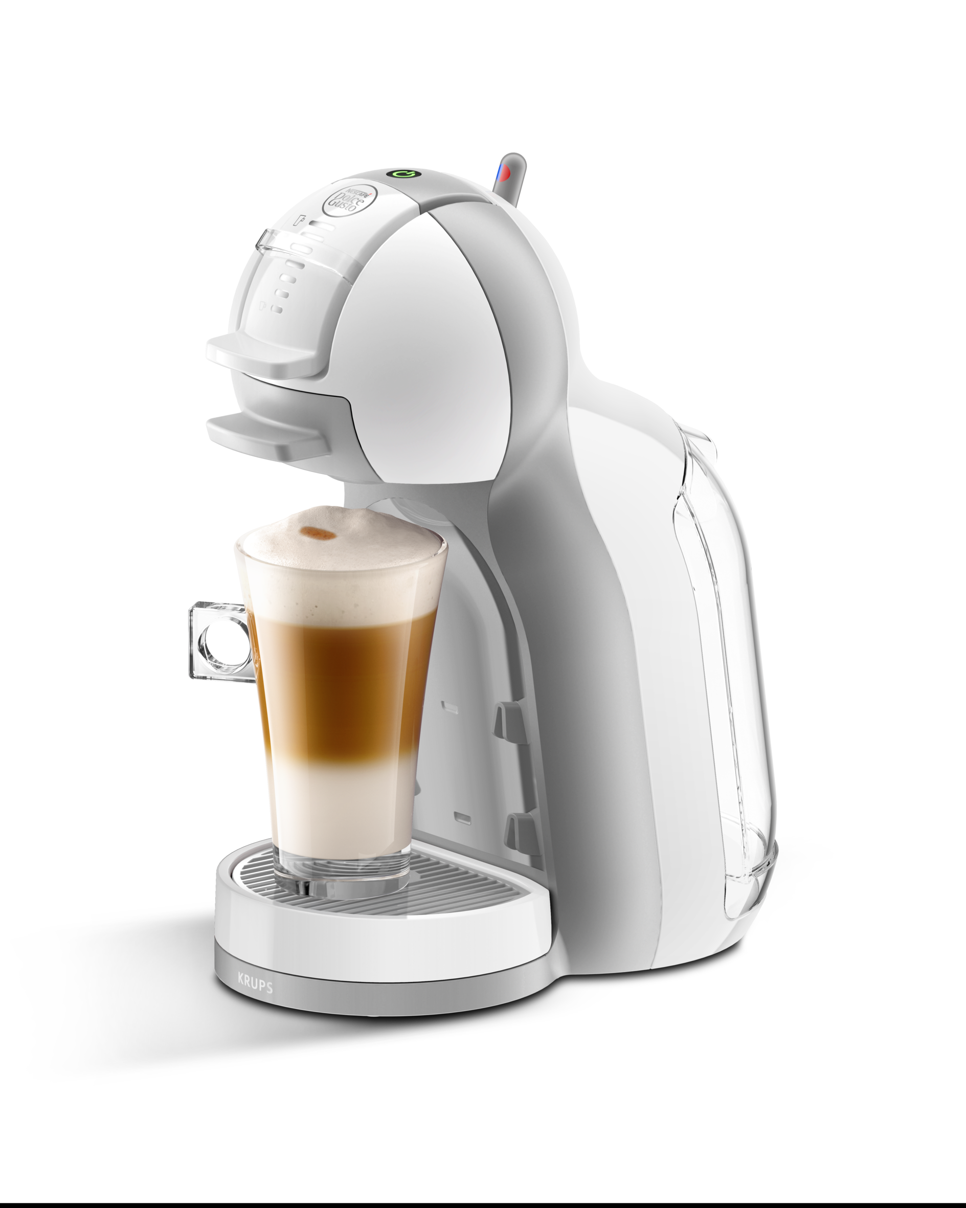 Cafetera blanca y gris con una taza de café, sobre fondo blanco.