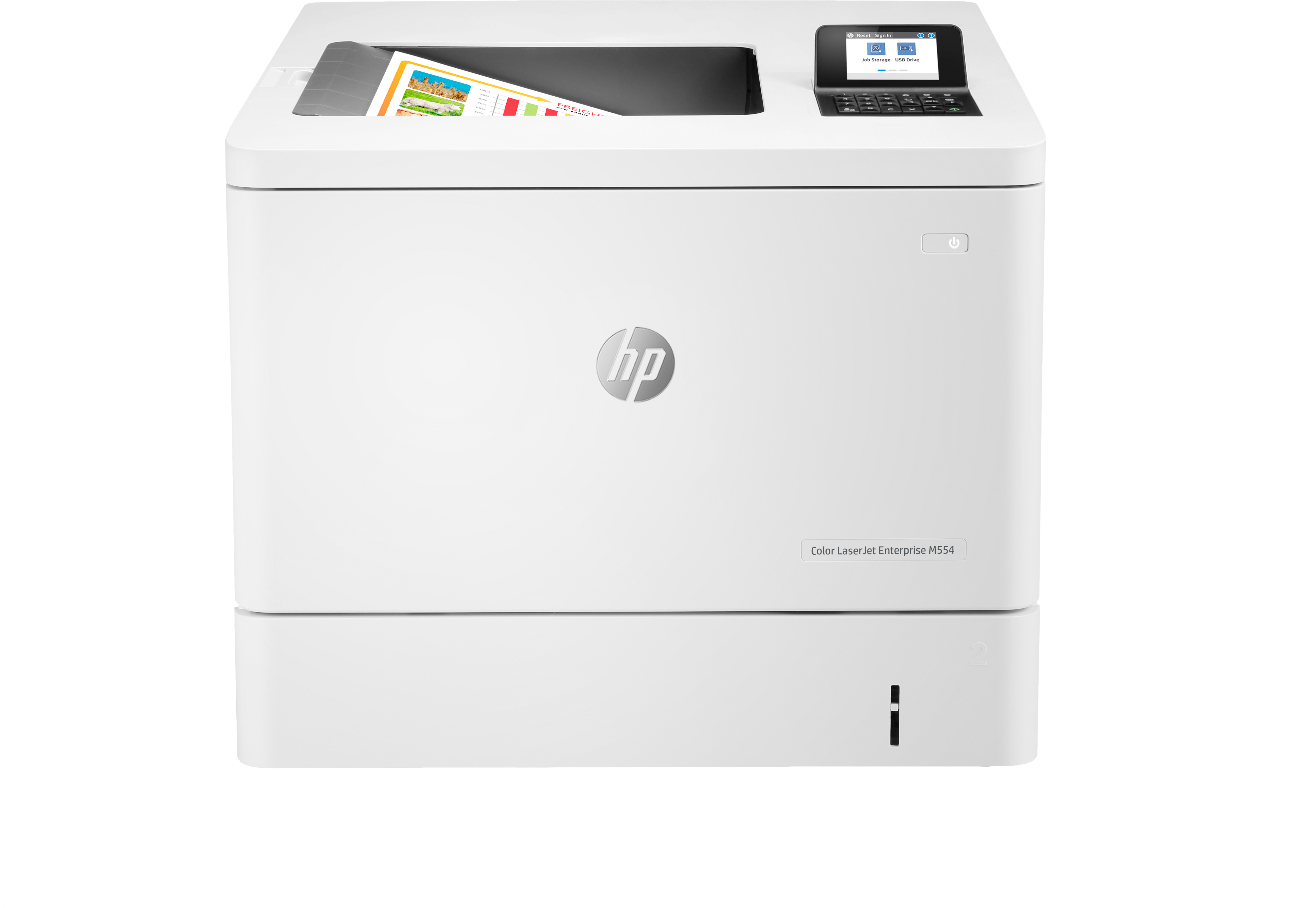 Weißer HP-Drucker mit Papierbogen, freigestellt auf Weiß.