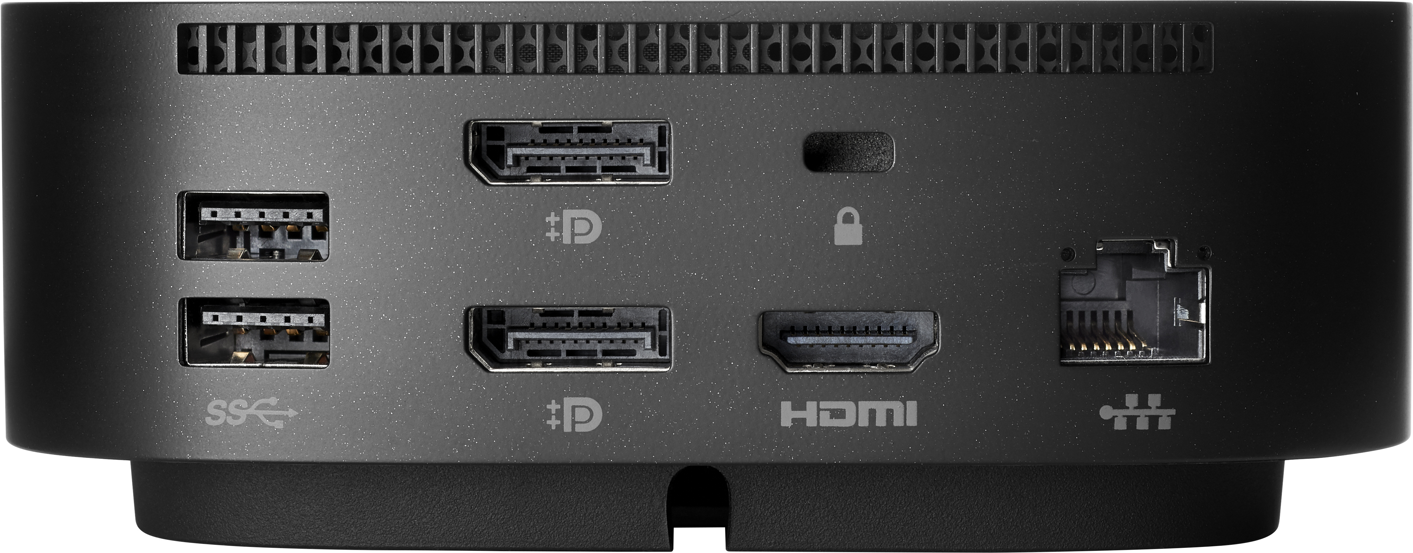Dos d'appareil noir avec ports : USB, HDMI, DisplayPort et réseau. Comprend un symbole de verrouillage.