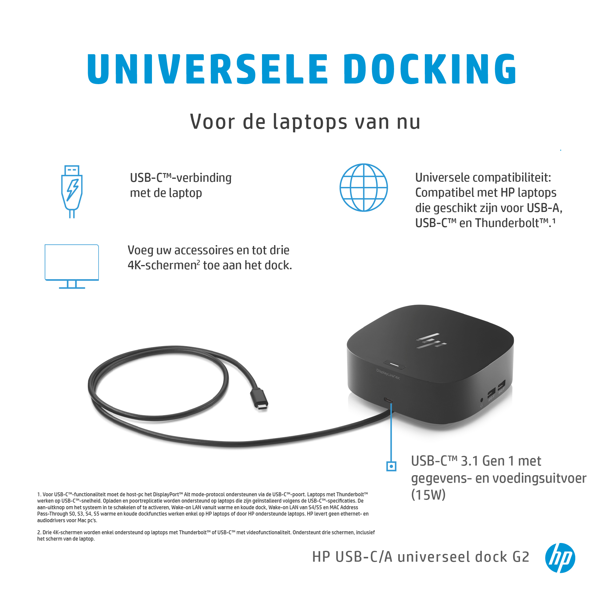 Station d'accueil noire avec câble USB-C et texte sur la compatibilité et les fonctions de l'ordinateur portable.
