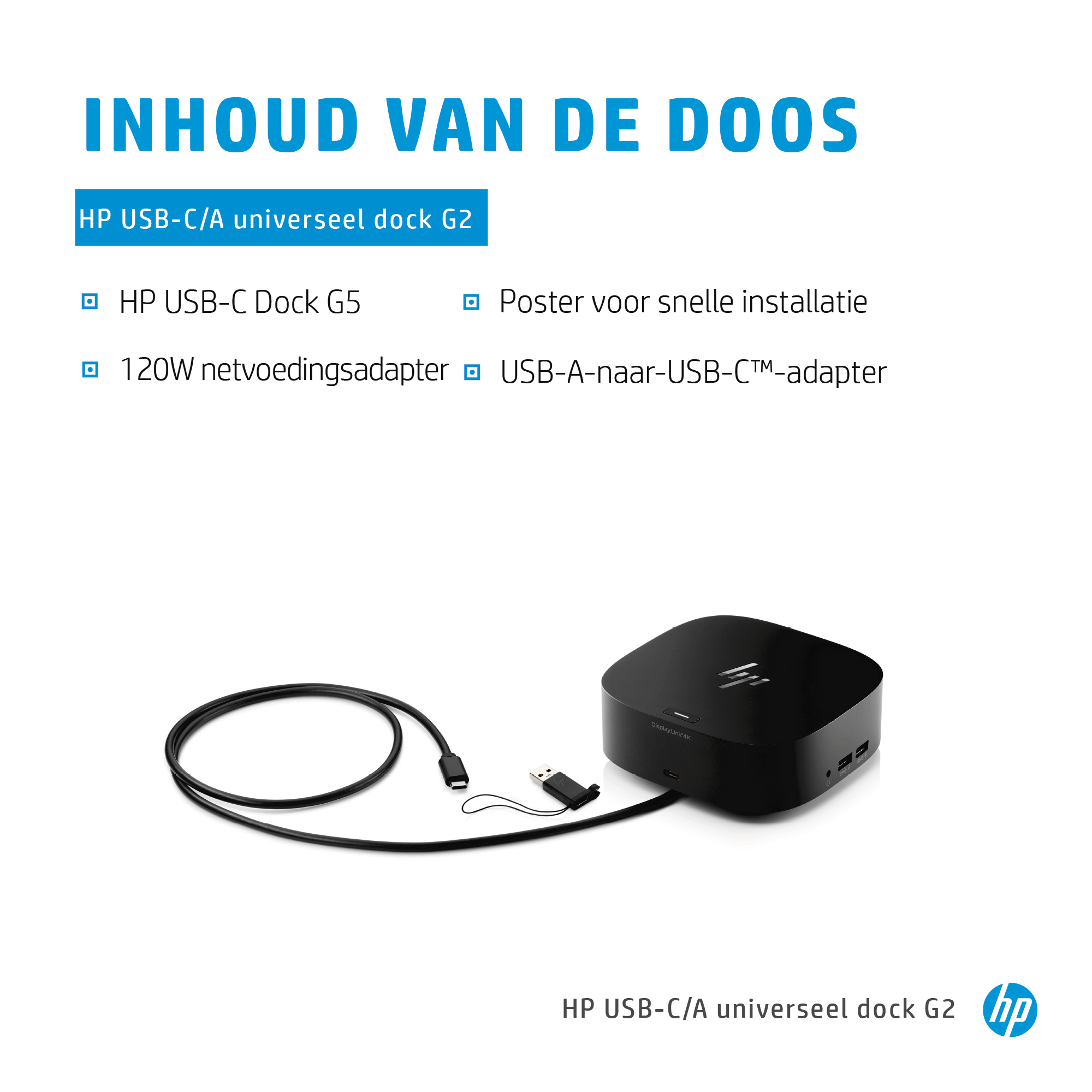Station d'accueil USB-C HP noire, câbles et adaptateurs sur fond blanc. Le texte liste les éléments inclus dans la boîte.