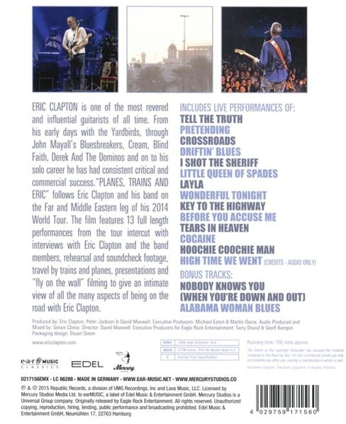 Egy DVD tok hátulja, melyen Eric Clapton látható. Tartalmazza a művész fotóit és a dalok listáját.