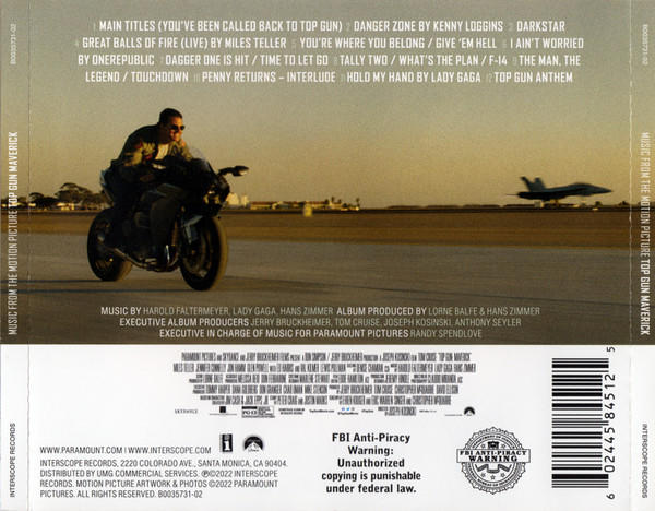 Albumcover für den Soundtrack von „Top Gun: Maverick“ mit Motorrad und Jet.