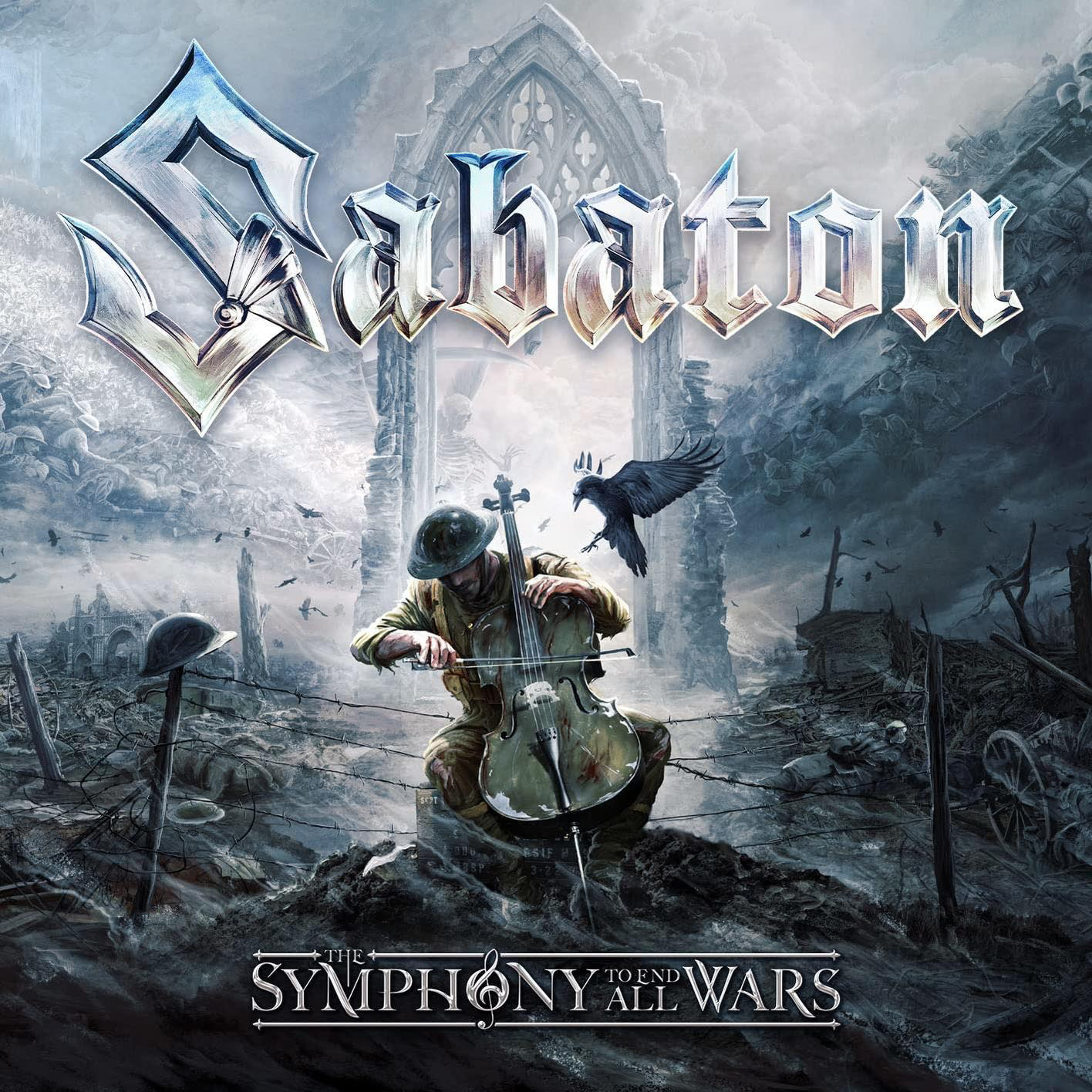 Albumcover: Ein Soldat spielt Cello in einer Kriegsszene. Ein Rabe fliegt darüber.